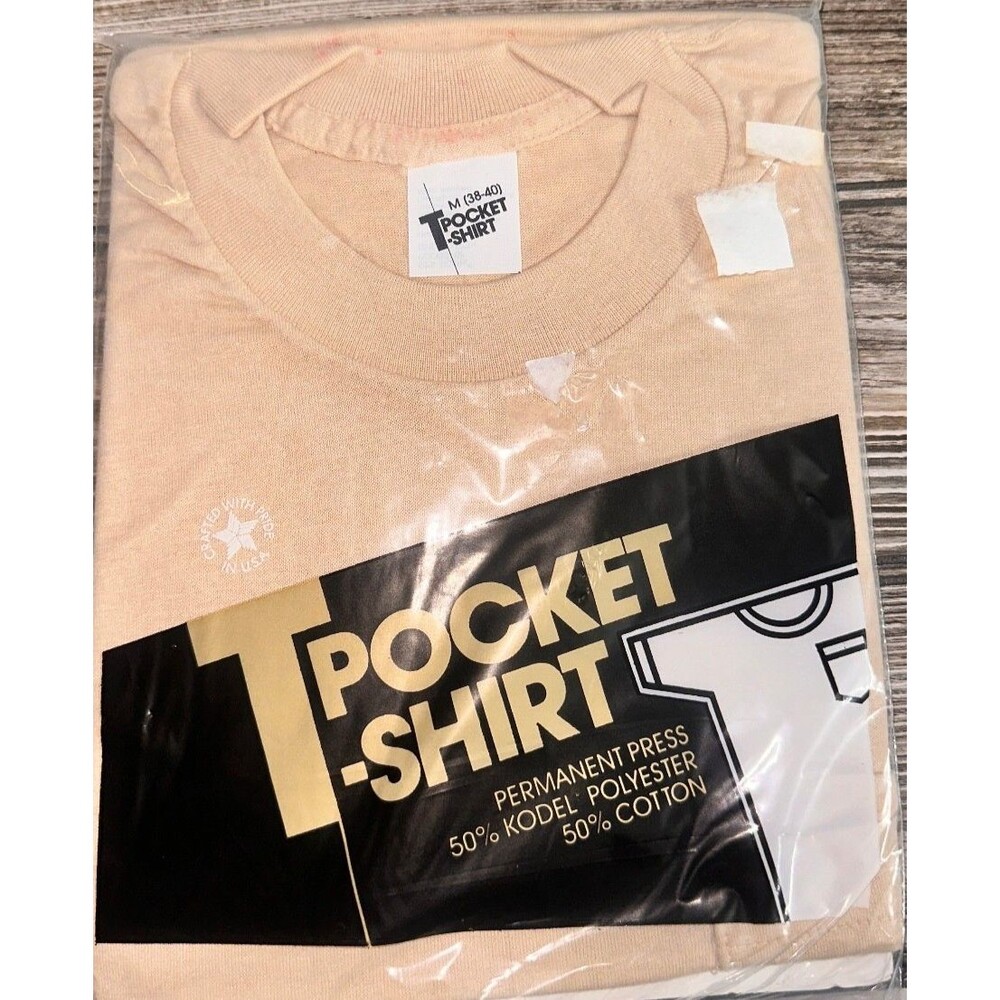 Vtg T Pocket Shirt Mens Medium 50 50 Kodel Made USA 70s Seamless Tan